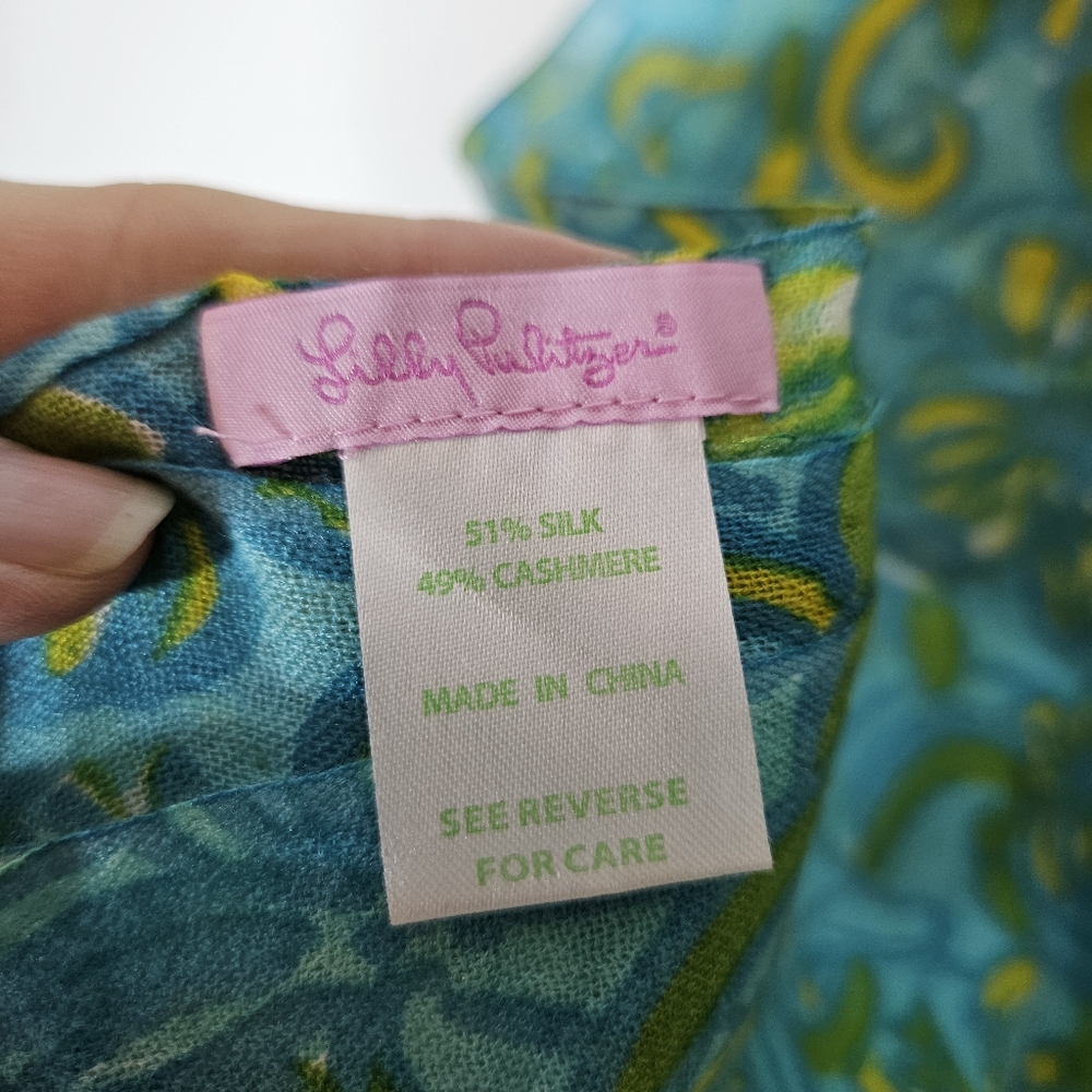 Lilly Pulitzer Murfee Tri Delta Scarf Silk Cashmere Green Blue Yellow Fringe - Picture 4 of 4
